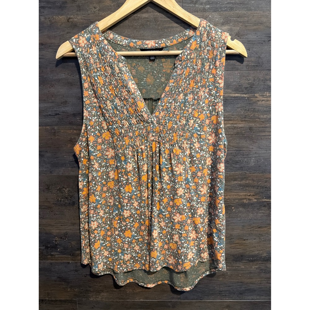Lucky Brand Women Green Orange Floral Smocked V-Neck Sleeveless Knit Top Size M